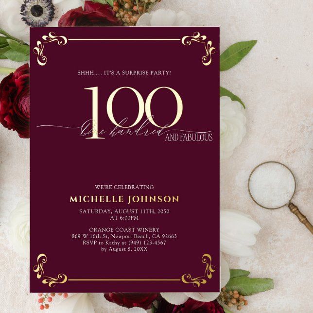 Überraschung 100 & Fabulous Burgundy & Gold Geburt Folieneinladung (Von Creator hochgeladen)