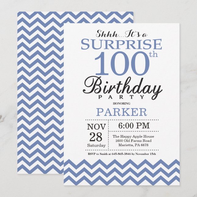 Überraschung 100. Geburtstag Blau Zickzack Einladung (Vorne/Hinten)