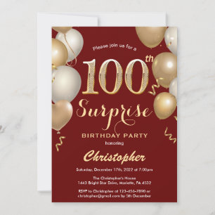 Überraschung 100. Geburtstag Dunkelrot und Gold Ba Einladung