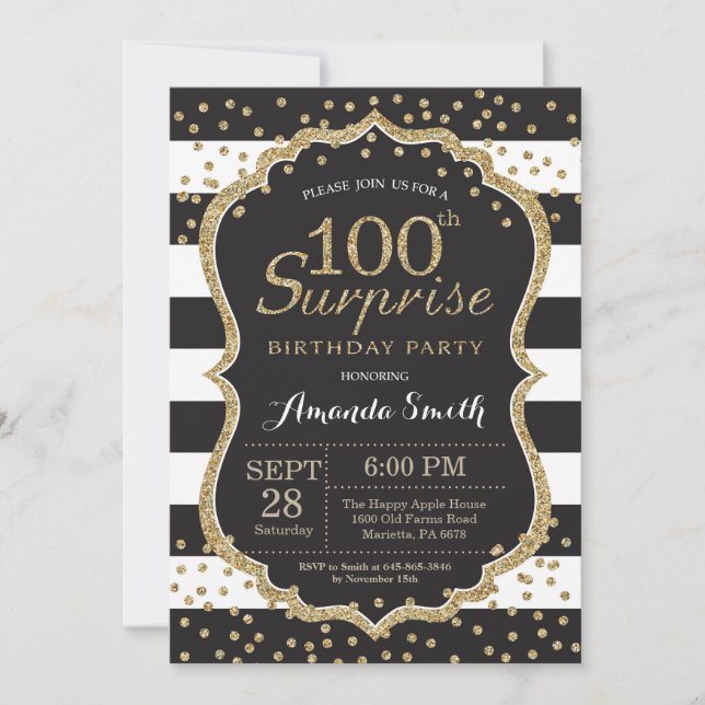 Überraschung 100. Geburtstag Einladung. Gold-Glitz Einladung (Vorderseite)