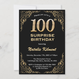 Überraschung 100. Geburtstag Schwarz und Gold Glit Einladung
