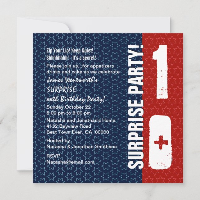 ÜBERRASCHUNG 10. Geburtstag Rote Blaue Sterne Einladung (Vorderseite)