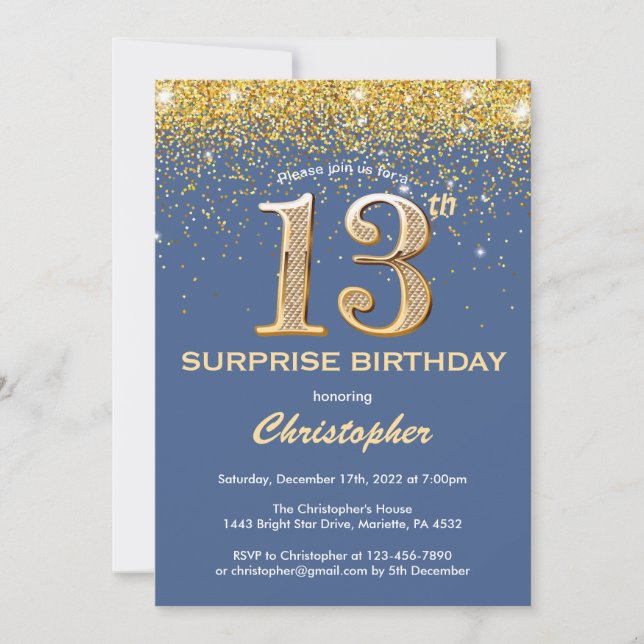 Überraschung 13. Geburtstag Blau und Gold Glitzer Einladung (Vorderseite)