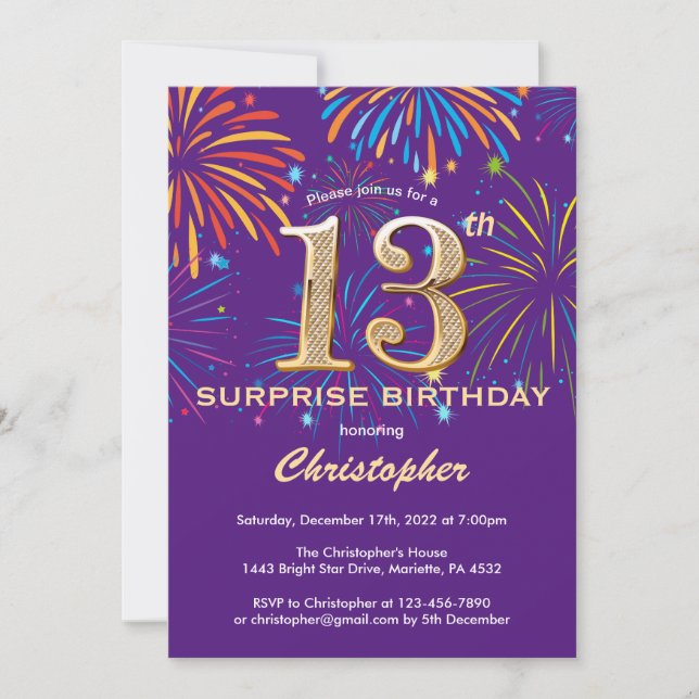 Überraschung 13. Geburtstag Lila und Gold Feuerwer Einladung (Vorderseite)
