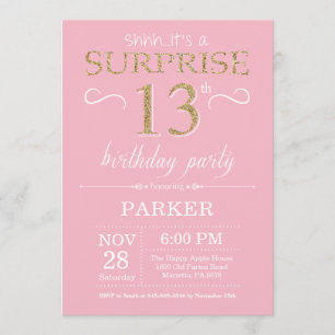Überraschung 13. Geburtstag Pink und Gold Glitzer Einladung