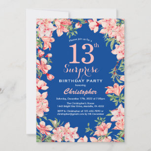 Überraschung 13. Geburtstag Rosa Blume Blau Einladung