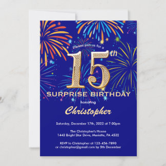 Überraschung 15. Geburtstag Navy Blue & Gold Firew Einladung