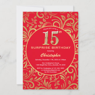 Überraschung 15. Geburtstag Rot und Gold Floral Einladung