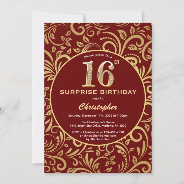Überraschung 16. Geburtstag Burgund Red & Gold Flo Einladung (Vorderseite)