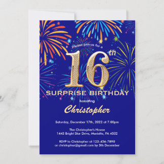 Überraschung 16. Geburtstag Navy Blue & Gold Feuer Einladung