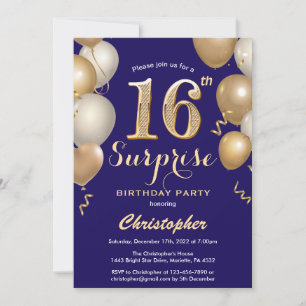 Überraschung 16. Geburtstag Navy Blue und Gold Bal Einladung