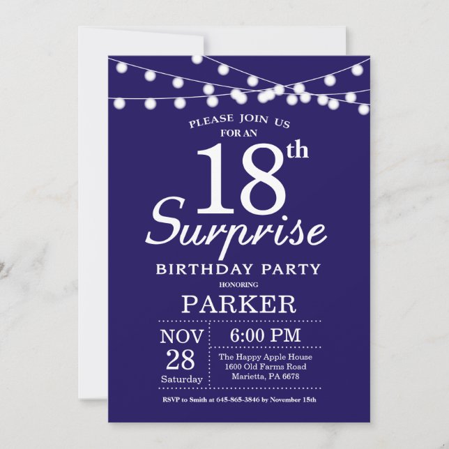 Überraschung 18. Geburtstag Einladung Navy Blue (Vorderseite)