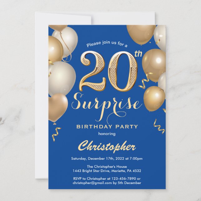 Überraschung 20. Geburtstag Blue und Gold Balloons Einladung (Vorderseite)