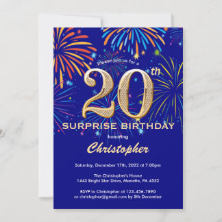 Überraschung 20. Geburtstag Navy Blue & Gold Firew Einladung