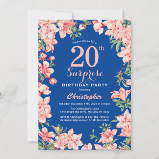 Überraschung 20. Geburtstag Rosa Blume Blau Einladung
