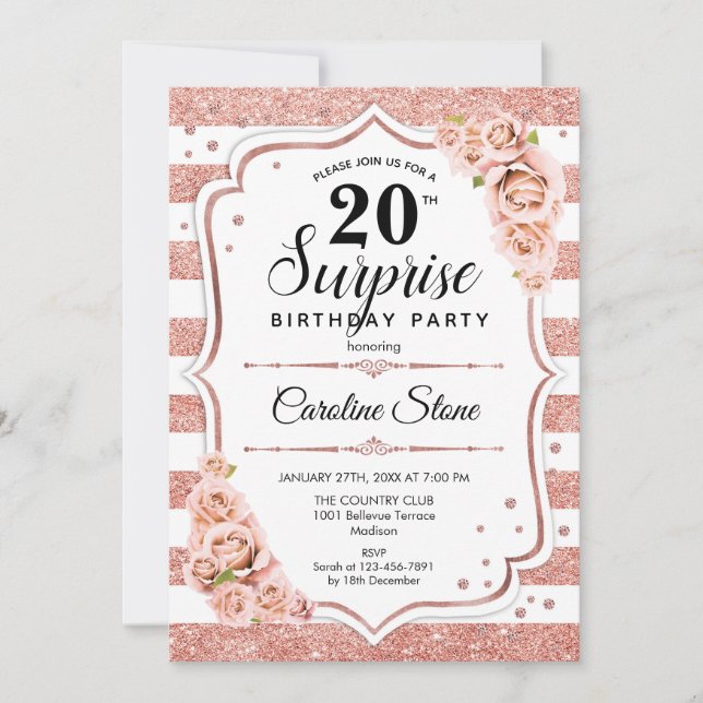 Überraschung 20. Geburtstag - Rose Gold Weißrosa Einladung (Vorderseite)