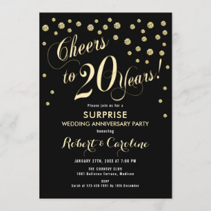 Überraschung 20. Hochzeitstag - Schwarz & Gold Einladung