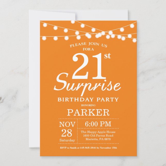Überraschung 21. Geburtstag Einladung Orange (Vorderseite)