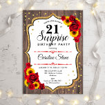 Überraschung 21. Geburtstag - Goldene Rote Einladu Einladung<br><div class="desc">Überraschung 21. Geburtstag Einladung. Weibliche rustikale Schwarz,  Weiß,  Rot-Design mit Imitaten Glitzer Gold. Verfügt über Holzmuster,  rote Rosen,  Sonnenblumen,  Skript-Schriftart und Konfetti. Ideal für eine elegante Geburtstagsfeier. Kann personalisiert sein,  jedes Alter zu zeigen. Nachricht,  wenn Sie weitere Anpassungen benötigen.</div>