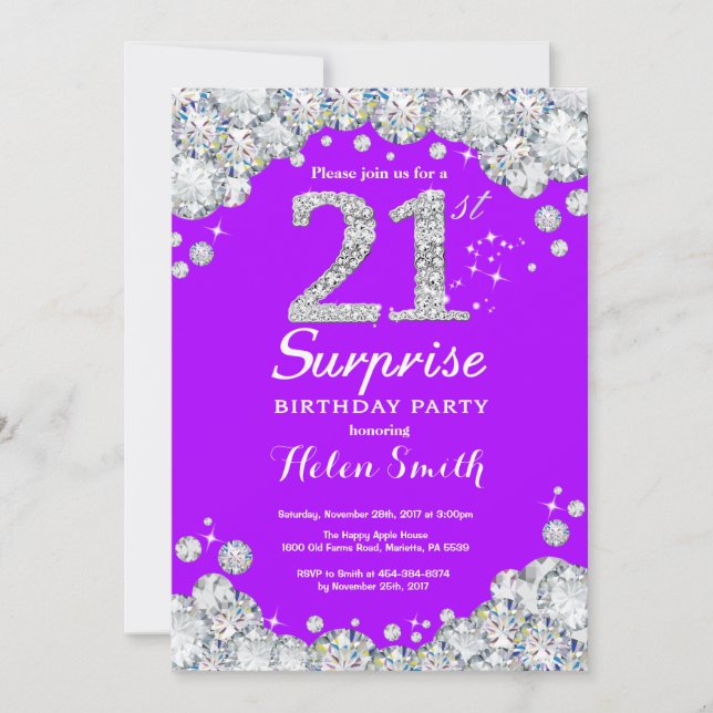 Überraschung 21. Geburtstag Lila und Silver Diamon Einladung (Vorderseite)