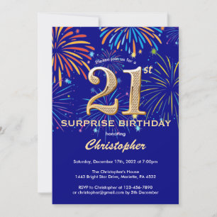 Überraschung 21. Geburtstag Navy Blue & Gold Firew Einladung