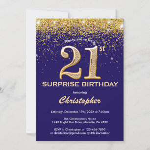 Überraschung 21. Geburtstag Navy Blue und Gold Gli Einladung