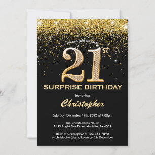 Überraschung 21. Geburtstag Schwarz und Gold Glitz Einladung