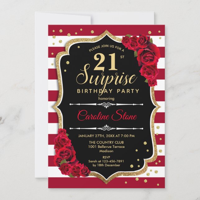 Überraschung 21. Geburtstag - Schwarz-weiß Red Einladung (Vorderseite)