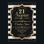Überraschung 21. Geburtstag - Schwarz-weißes Gold Einladung<br><div class="desc">Überraschung 21. Geburtstag Einladung. Klassisches Design mit schwarz-weißen Streifen,  Script-Schriftart und Glitzer Gold. Ideal für eine elegante Geburtstagsfeier. Kann personalisiert sein,  jedes Alter zu zeigen. Nachricht,  wenn Sie weitere Anpassungen benötigen.</div>