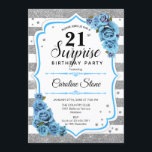 Überraschung 21. Geburtstag - Silver White Blue Einladung<br><div class="desc">Überraschung 21. Geburtstag Einladung. Weiß,  türkisblau und türkisblau mit Imitaten Glitzer Silber. Features Streifen,  hellblaue Rose,  Skript-Schriftart und Konfetti. Ideal für eine elegante Geburtstagsfeier. Kann personalisiert sein,  jedes Alter zu zeigen. Nachricht,  wenn Sie weitere Anpassungen benötigen.</div>