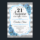 Überraschung 21. Geburtstag - Silver White Blue Einladung<br><div class="desc">Überraschung 21. Geburtstag Einladung. Weiß, türkisblau und türkisblau mit Imitaten Glitzer Silber. Features Streifen, hellblaue Rose, Skript-Schriftart und Konfetti. Ideal für eine elegante Geburtstagsfeier. Kann personalisiert sein, jedes Alter zu zeigen. Nachricht, wenn Sie weitere Anpassungen benötigen.</div>