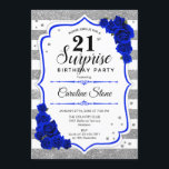 Überraschung 21. Geburtstag - Silver White Royal B Einladung<br><div class="desc">Überraschung 21. Geburtstag Einladung. Weiblich,  königsblau mit Imitaten Glitzer Silber. Features Streifen,  Marine-Rose,  Skript-Schriftart und Konfetti. Ideal für eine elegante Geburtstagsfeier. Kann personalisiert sein,  jedes Alter zu zeigen. Nachricht,  wenn Sie weitere Anpassungen benötigen.</div>
