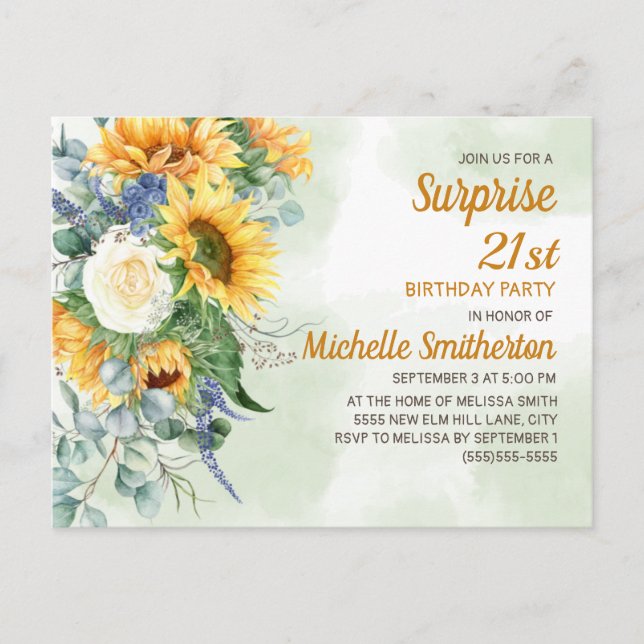 Überraschung 21. Geburtstag Sonnenblumen Eukalyptu Postkarte (Vorderseite)