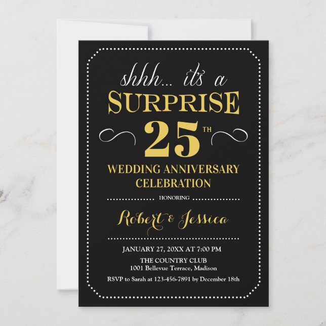 Überraschung 25. Hochzeitstag - Schwarzes Gold Einladung (Vorderseite)