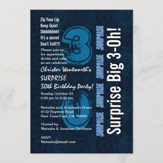 Überraschung 30. Geburtstag Blau Vintag und Weiß 1 Einladung
