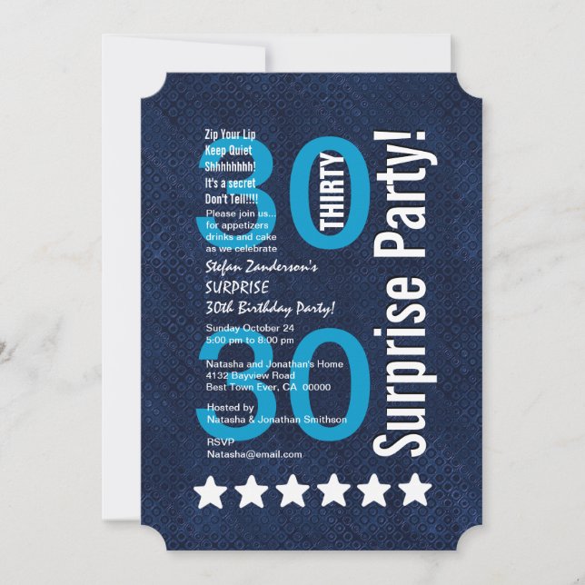 ÜBERRASCHUNG 30. Geburtstag Blaue weiße Sterne R60 Einladung (Vorderseite)