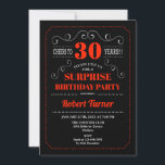 Überraschung 30. Geburtstag Einladung - Schwarz Ro<br><div class="desc">30. Überraschung Geburtstagsfeier Einladung für Damen und Herren. Elegantes Retro-Schwarz,  Weiß,  Rot-Design mit Chalkboard-Muster und Typografie-Script-Schriftart. Feiert bis 30 Jahre! Kann für jedes Alter angepasst werden.</div>