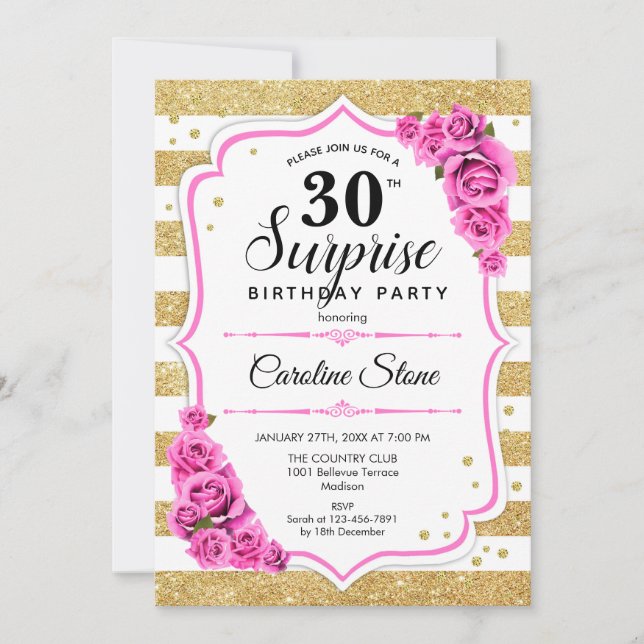 Überraschung 30. Geburtstag - Goldweißer Rosa Einladung (Vorderseite)
