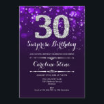 Überraschung 30. Geburtstag - Lila Silber Einladung<br><div class="desc">Überraschung 30. Geburtstag Einladung. Elegantes lila Design mit Imitaten Glitzer Silber. Erwachsener Geburtstag. Enthält Diamanten,  Bokeh-Leuchten und Skript-Schriftart. Männer oder Frauen laden ein. Ideal für eine stilvolle Geburtstagsfeier. Nachricht,  wenn Sie weitere Anpassungen benötigen.</div>