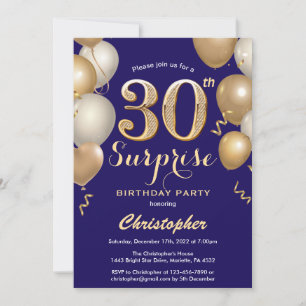 Überraschung 30. Geburtstag Navy Blue und Gold Bal Einladung