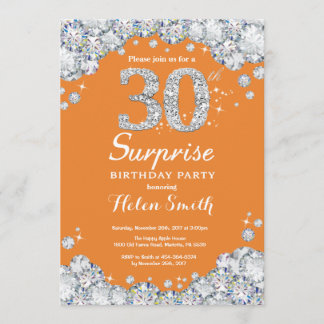Überraschung 30. Geburtstag Orange und Silver Diam Einladung