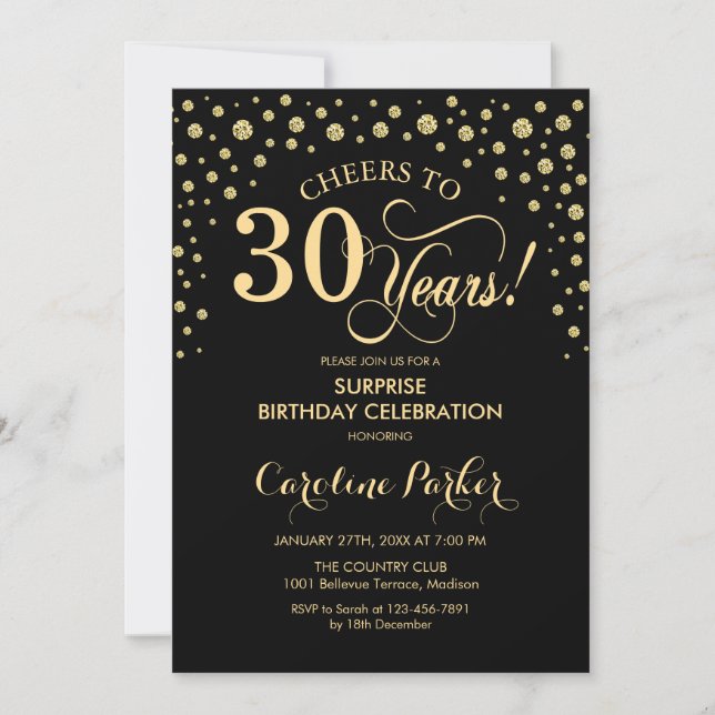 Überraschung 30. Geburtstag Party - Gold Black Einladung (Vorderseite)