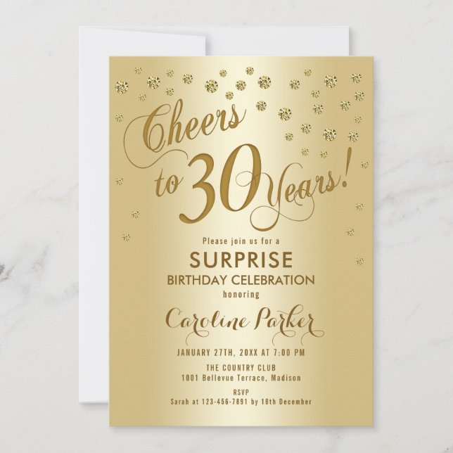 Überraschung 30. Geburtstag Party - Gold Einladung (Vorderseite)