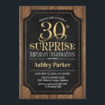 Überraschung 30. Geburtstag Party - Holz Gold Einladung<br><div class="desc">Rustikale Überraschung 30. Geburtstag Feier Einladung. Elegantes Design in Schwarz und Imitat Glitzer Gold und dunkelbraunes Holzmuster. Funktioniert mit elegantem Script-Schriftart. Wenn Sie weitere Anpassungen benötigen</div>