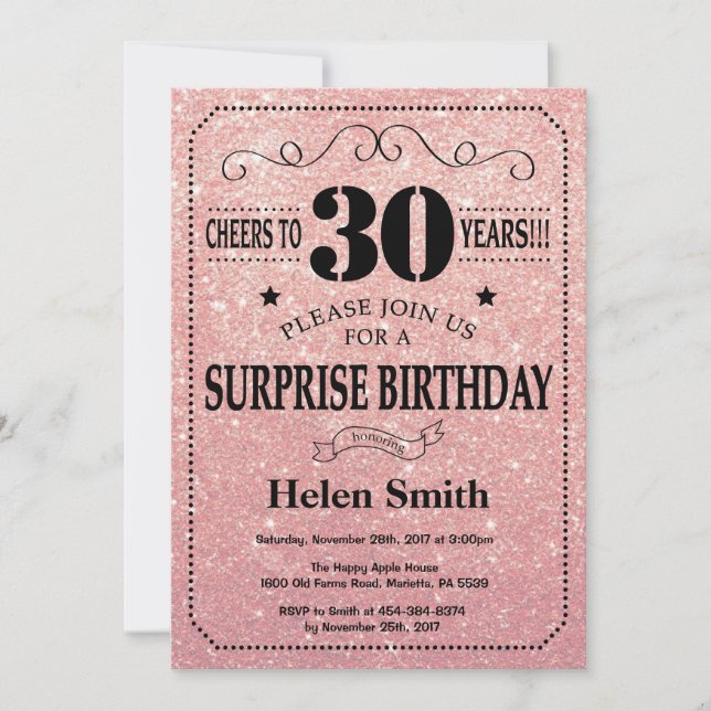 Überraschung 30. Geburtstag Pink Rose Gold Glitzer Einladung (Vorderseite)