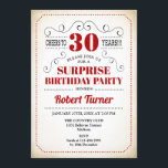 Überraschung 30. Geburtstag - Rotes Weiß Schwarz Einladung<br><div class="desc">Überraschung 30. Geburtstag Einladung Retro Design in rot Schwarz-weiß mit einem Vintagen cremigen Hintergrund. Feiert bis 30 Jahre! Kann auch in jedes Jahr personalisiert werden.</div>
