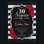 Überraschung 30. Geburtstag - Schwarz-weiß Red Einladung<br><div class="desc">Überraschung 30. Geburtstag Einladung. Weibliches Schwarz,  Weiß,  Rot-Design mit Imitaten Glitzer Silber. Enthält schwarz-weiße Streifen,  rote Rosen,  Skript-Schriftart und Konfetti. Ideal für eine elegante Geburtstagsfeier. Kann personalisiert sein,  jedes Alter zu zeigen. Nachricht,  wenn Sie weitere Anpassungen benötigen.</div>