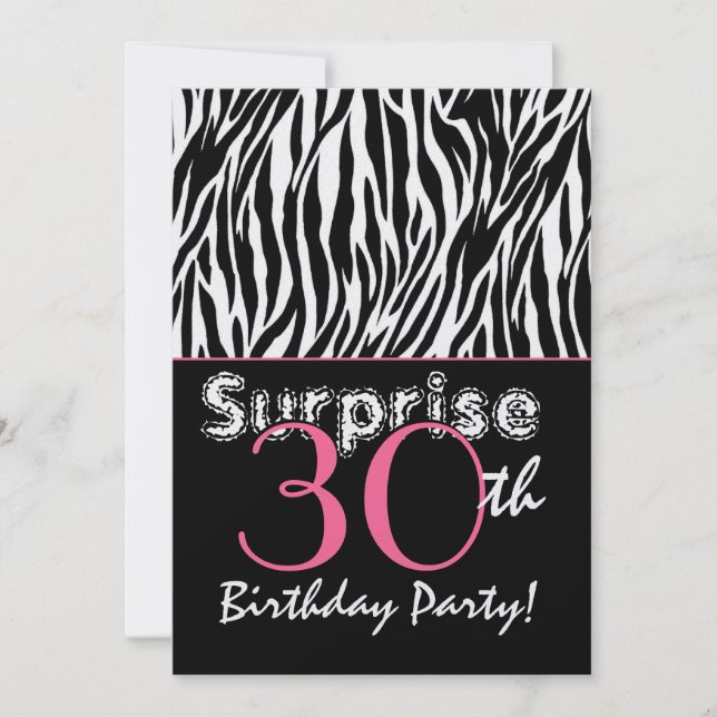 ÜBERRASCHUNG 30. Geburtstag Zebrastreifen Schwarz- Einladung (Vorderseite)