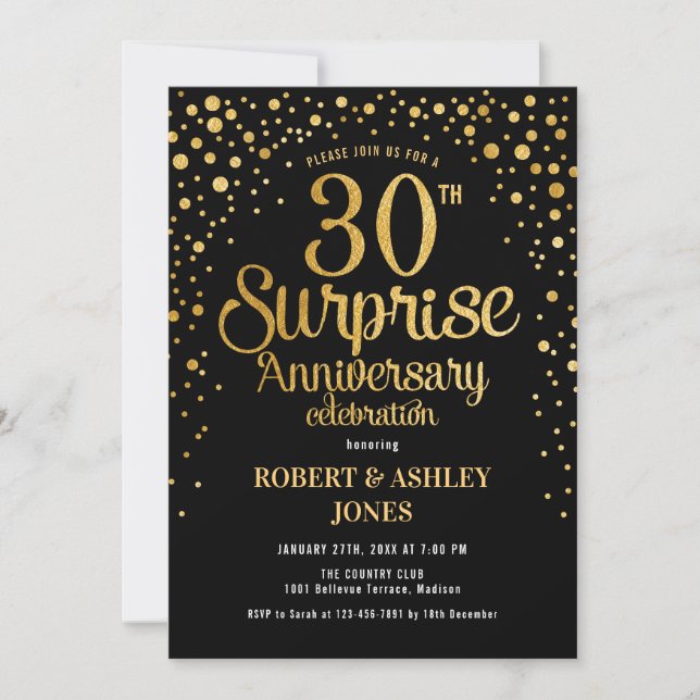 Überraschung 30. Hochzeitstag - Black & Gold Einladung (Vorderseite)