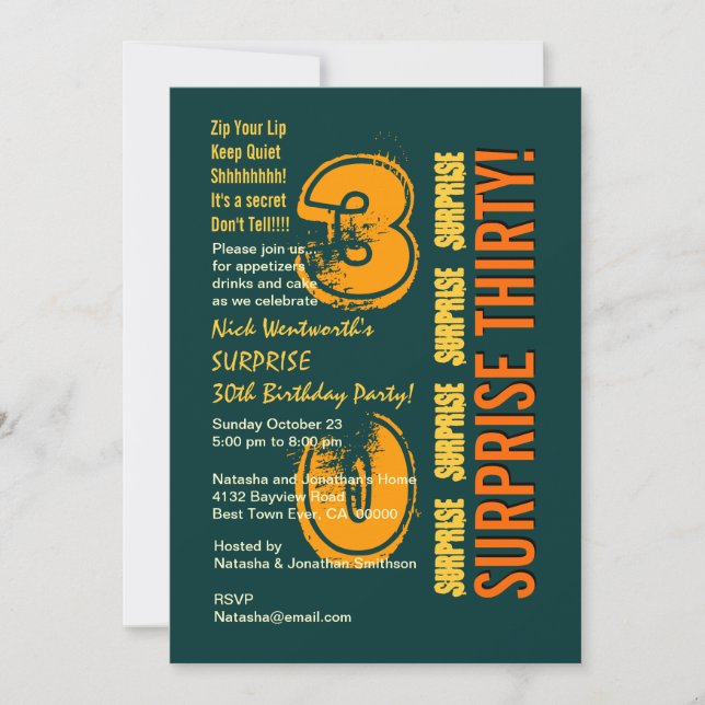 ÜBERRASCHUNG 30. Modern Birthday Green Gold Orange Einladung (Vorderseite)